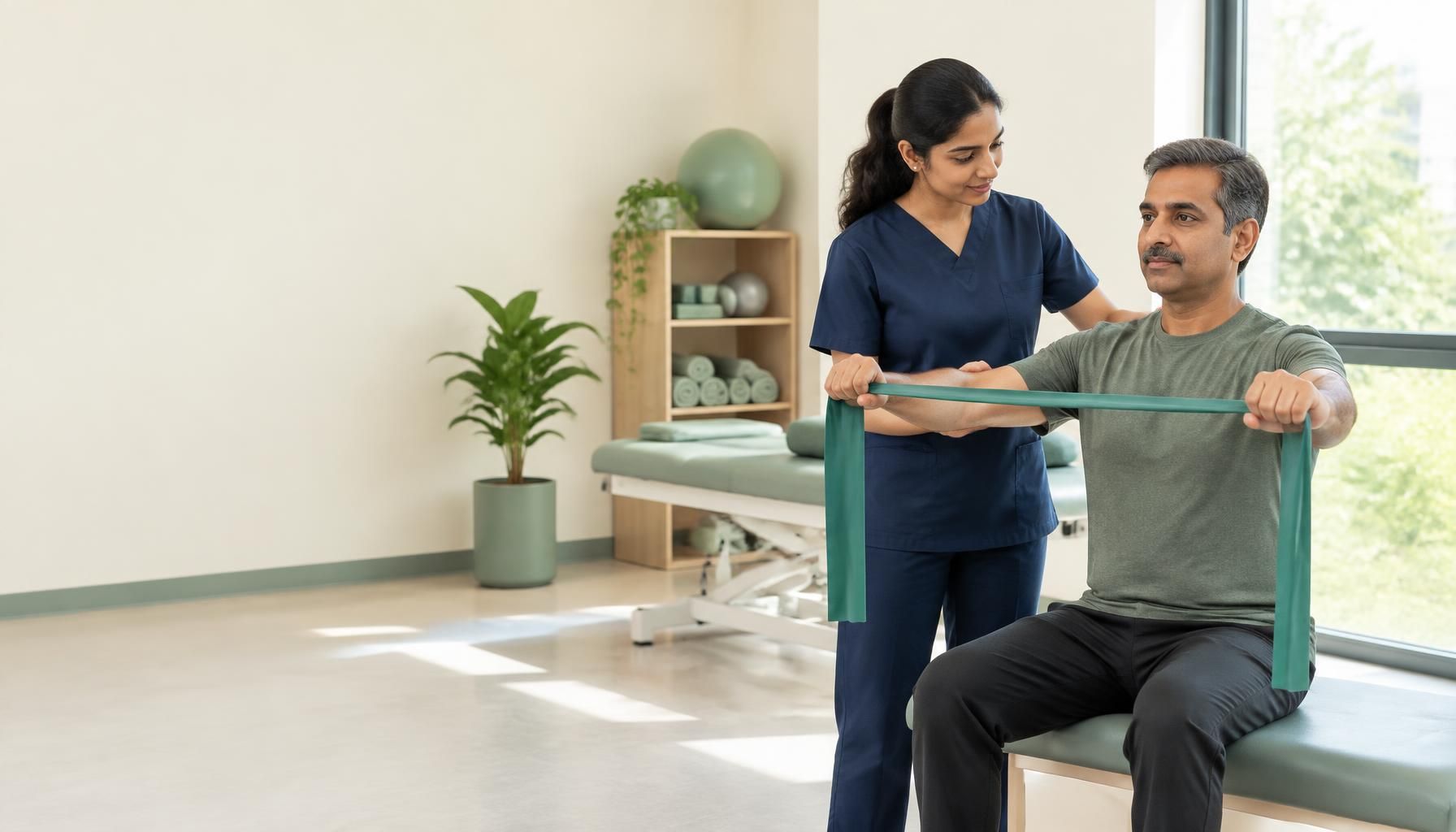 An Indian physiotherapist supervising a patient's resistance band shoulder exercise
