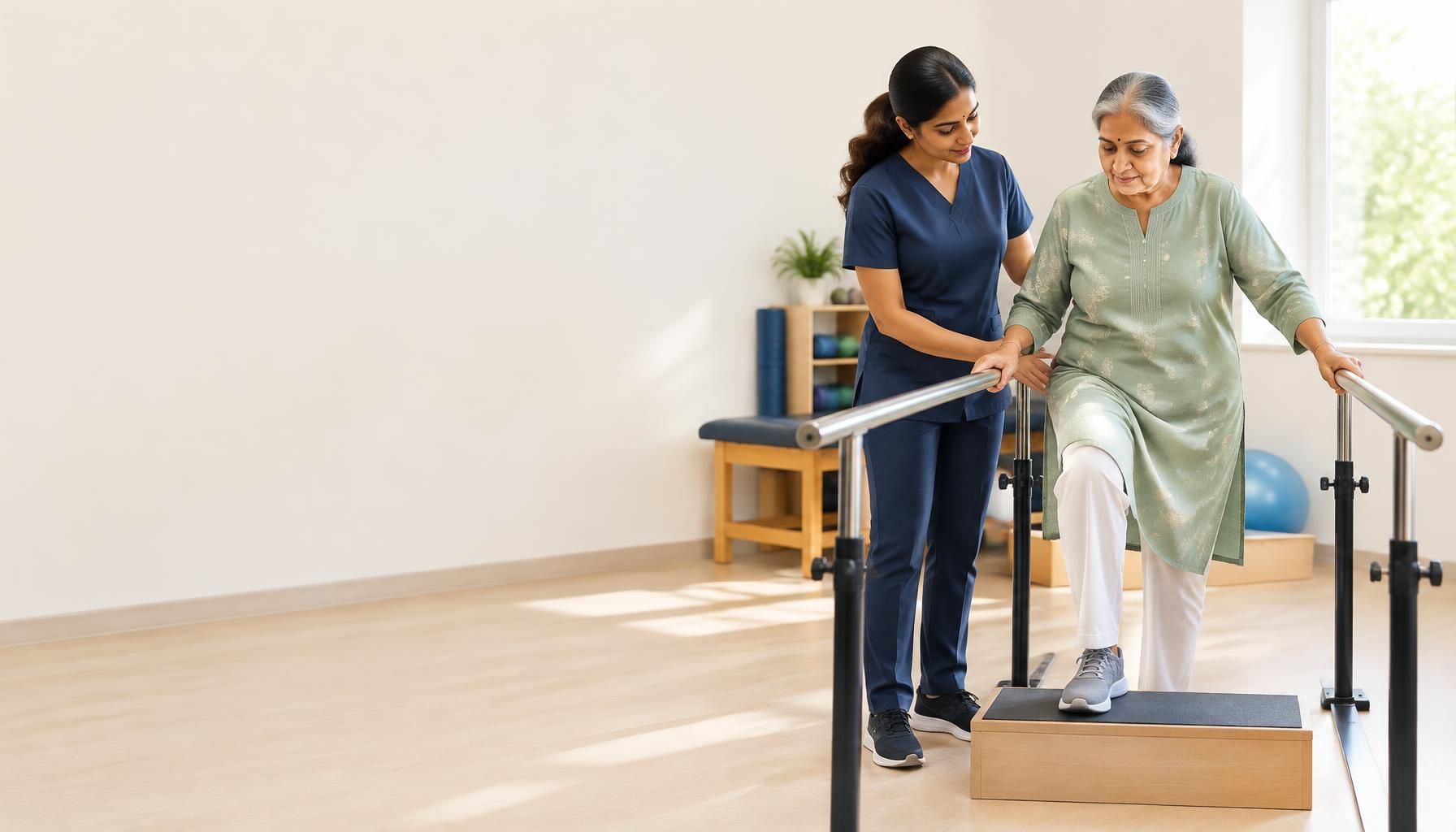 A physiotherapist guiding a senior patient through a step-up exercise on parallel bars